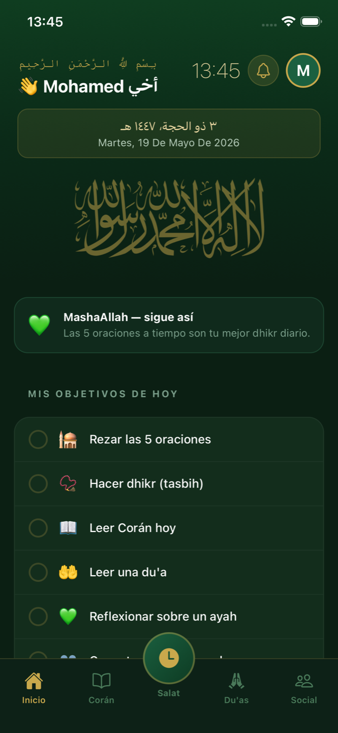 Pantalla principal de la app Taqwa con la próxima oración y el dashboard espiritual