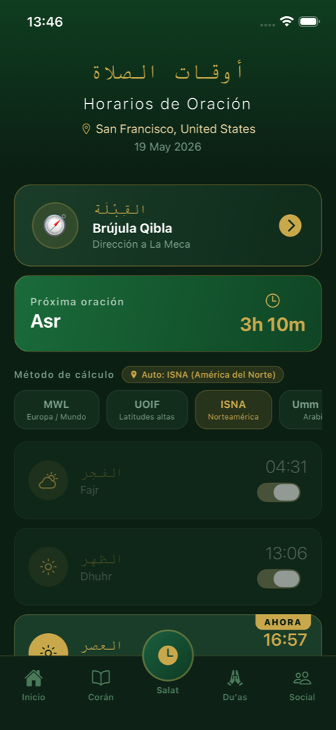 Horarios de oración en Taqwa con cuenta atrás hasta la próxima salat